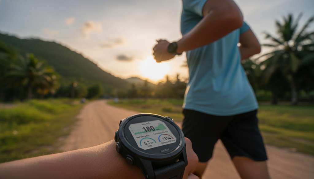 Ảnh chụp màn hình đồng hồ thể thao thông minh hiển thị biểu đồ nhịp bước 180 bpm và các chỉ số dao động dọc. Hậu cảnh là cánh tay vận động viên đang chuyển động mờ ảo trên đường chạy.