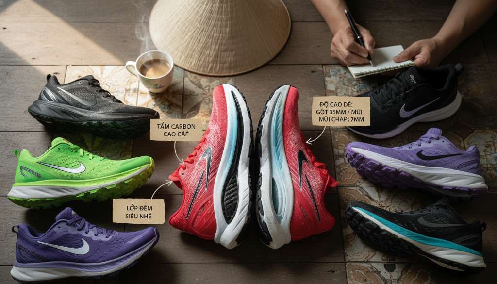 Ảnh sắp đặt nghệ thuật (Flatlay) các loại giày chạy bộ khác nhau. Một chiếc giày được cắt đôi theo chiều dọc để lộ tấm carbon và lớp đệm, có chú thích các thông số về độ Drop.