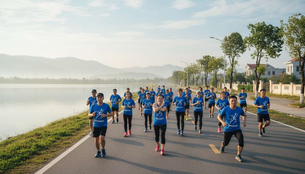 Một nhóm đông đảo các runner trong trang phục áo CLB Thanh Hà Runner đang cùng nhau thực hiện bài tập bổ trợ trên một con đường ven hồ thoáng đãng. Sự rạng rỡ và tinh thần đồng đội hiện rõ trên khuôn mặt.